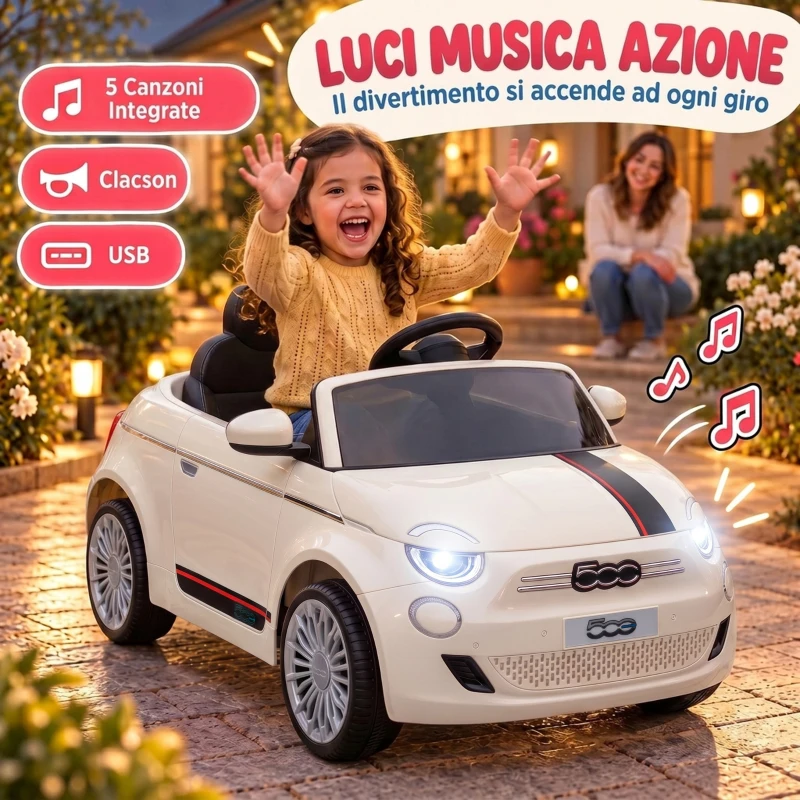 AIYAPLAY Macchina Elettrica per Bambini 12V Fiat 500, Batteria al Litio, 2 Motori, Telecomando, 3-6 Anni, Crema