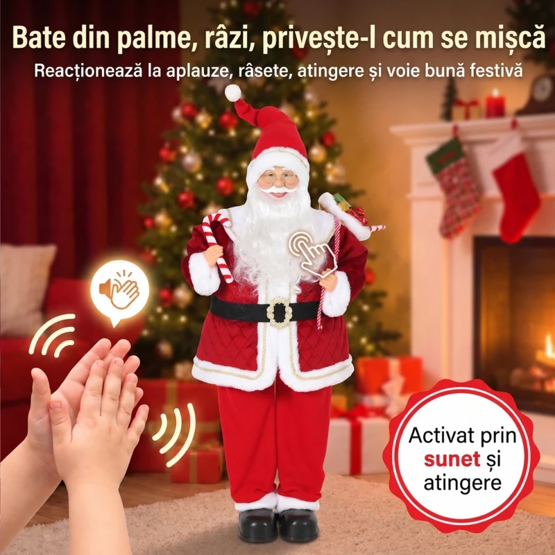 HOMCOM Moș Crăciun Muzical Animat, 120 cm, de Podea, cu Cap Rotativ, Roșu