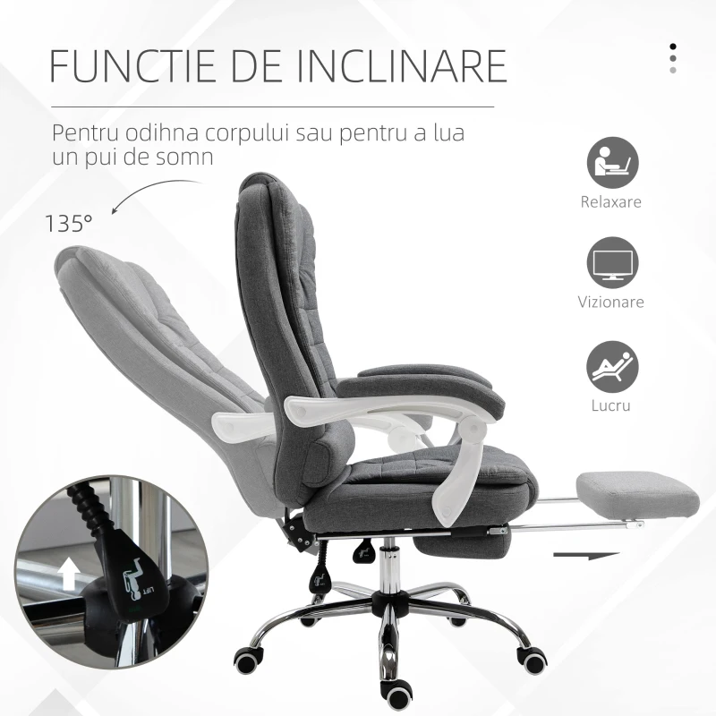 Vinsetto Scaun de birou rabatabil cu suport pentru picioare retractabil și spătar înalt din material textil, gri