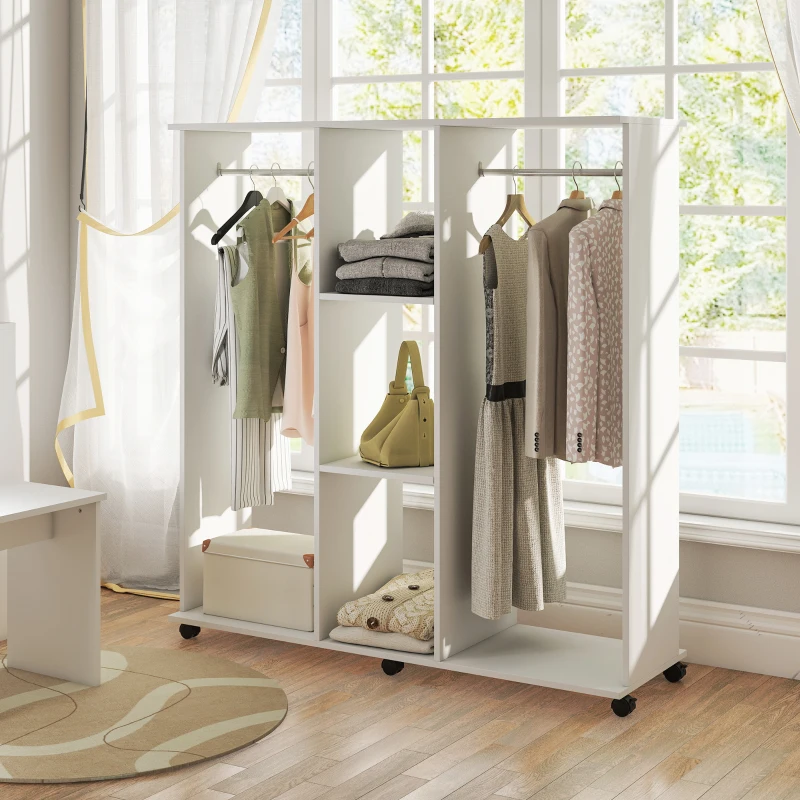 HOMCOM Armoire penderie meuble de rangement mobile 6 roulettes 120 x 40 x 128 cm en bois blanc