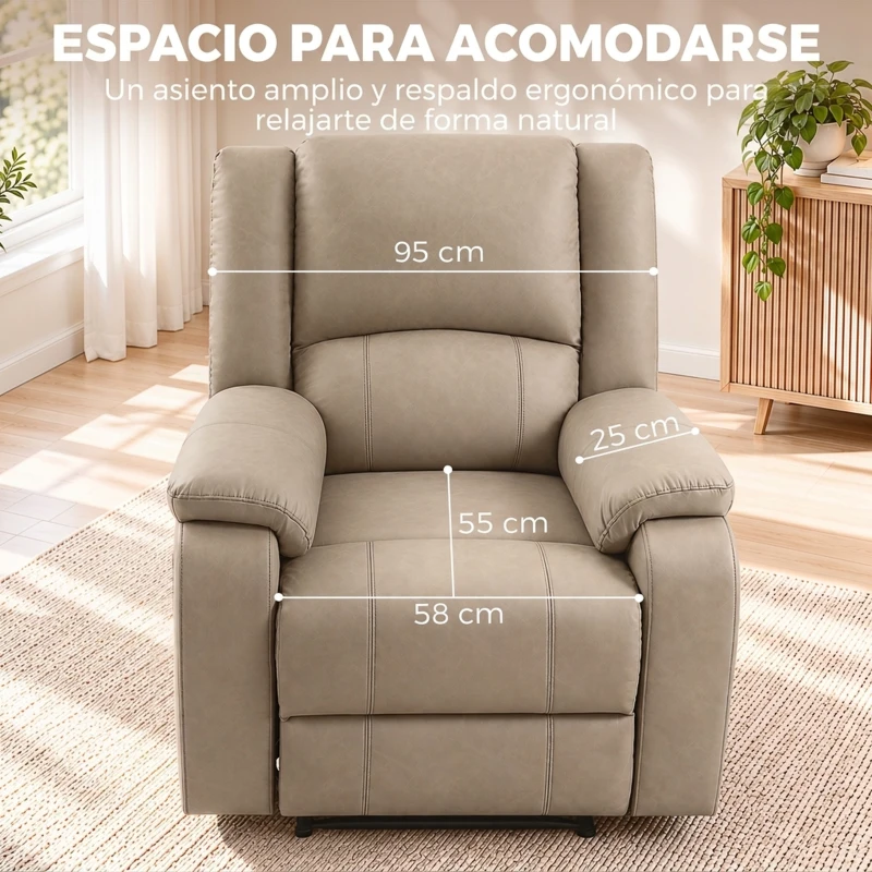 HOMCOM Sillón Relax Reclinable Manual de PU con Reposapiés Asiento Ancho Acolchado Grueso Reclinable hasta 155° Caqui