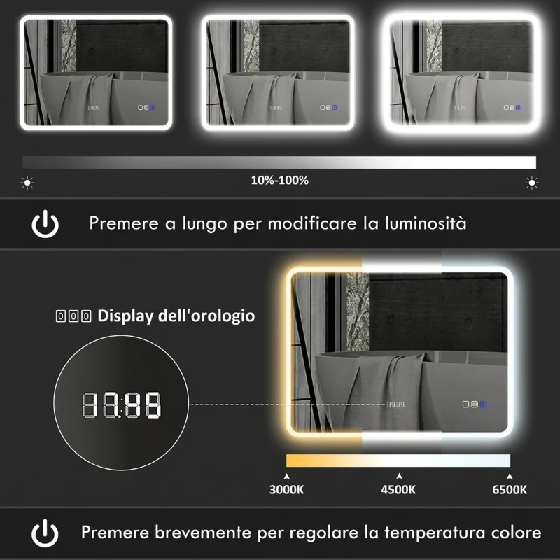 HOMCOM Specchio Bagno LED con Bluetooth, Illuminazione Regolabile e Funzione Memory, in Vetro Temperato, 80x60x3.5 cm