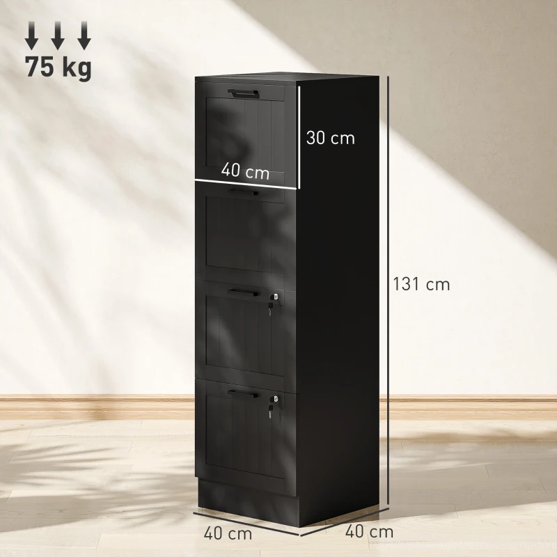 HOMCOM Caisson bureau, meuble rangement bois 4 tiroirs et serrure, barres de suspension réglables, 40 x 40 x 131 cm, noir(m-3)