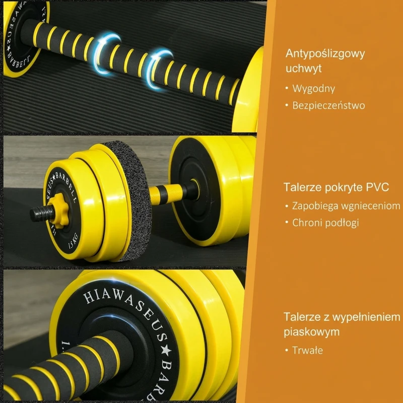 HOMCOM 25 kg Zestaw Hantli i Sztangi, Ergonomiczny Zestaw Hantli 3-w-1, 12 × Płytki, 2 × Krótkie Sztangi, 1 × Długa Sztanga, Żółty+Czarny