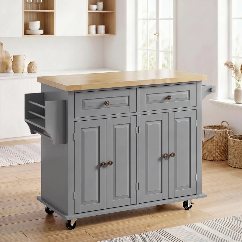 HOMCOM Isla de Cocina con Ruedas Mueble Auxiliar de Cocina con Especiero y Barra Lateral 111x44,5x82,5 cm Gris