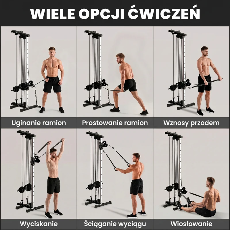 SPORTNOW Regulowana wieża siłowa 25-165 cm z podwójnymi wyciągami i adapterami 62 x 60 x 200 cm Czarny