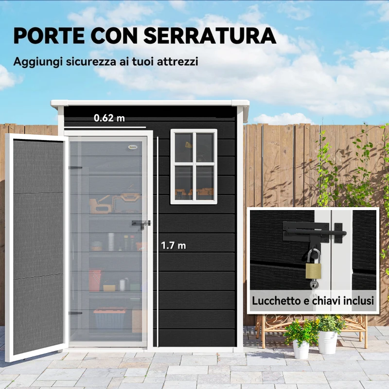 Outsunny Casetta da Giardino 1.14m² in PP e Alluminio con Pavimento, Capanno da Giardino, Tetto Inclinato, Nero