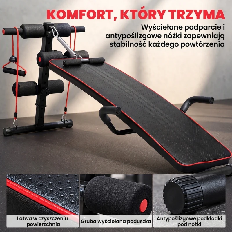 HOMCOM® ŁAWKA SIT UP DO ĆWICZEŃ MIĘŚNI BRZUCHA TAŚMA OPOROWA TRENINGOWA stal + PCV czarny + czerwony 56,5 x 135 x (50–68) cm