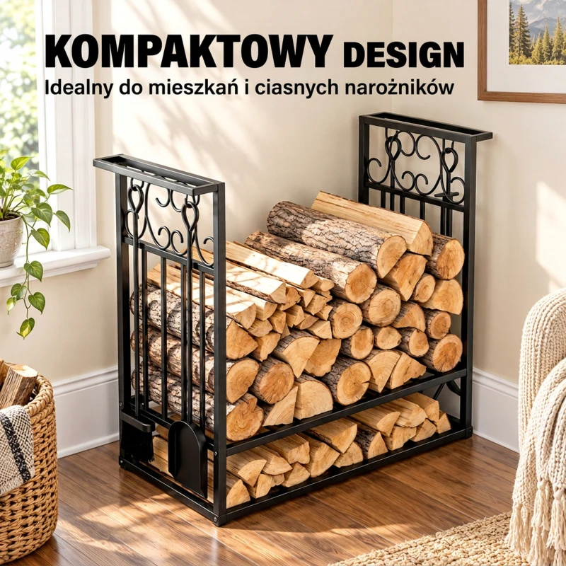 Stojak na drewno kominkowe HOMCOM z akcesoriami, regał na drewno, podstawka na drewno kominkowe, narzędzia kominkowe, Stal Czarny 75 x 30 x 60 cm