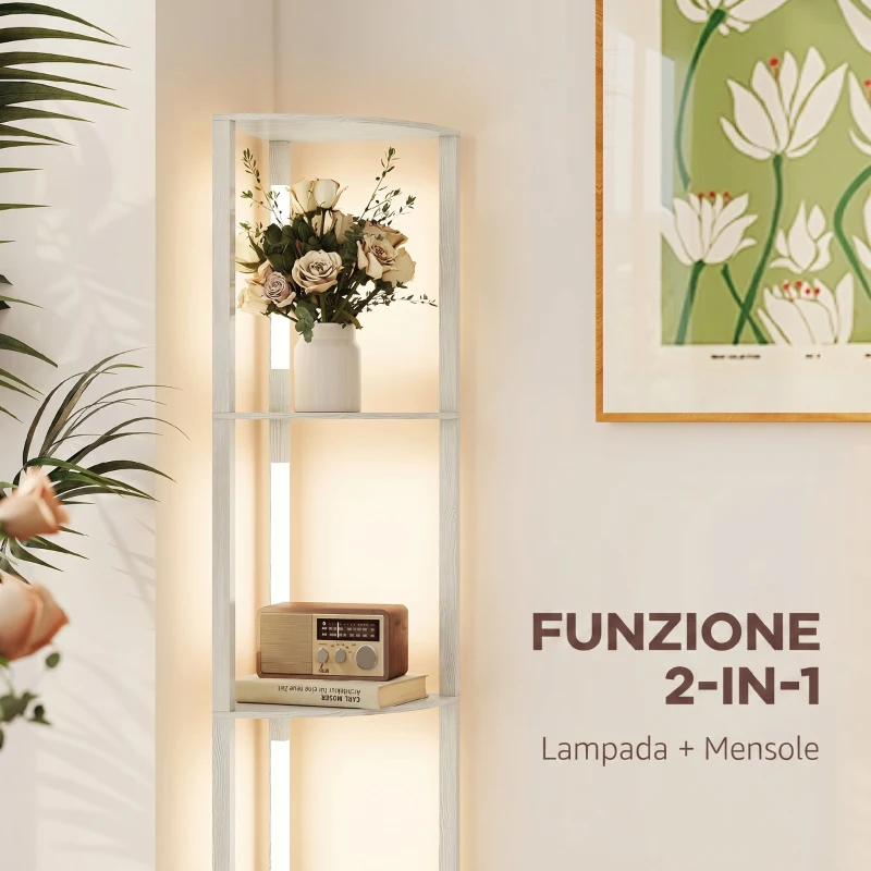 HOMCOM Lampada da Terra con 4 Ripiani, Luce LED Regolabile su 3 Livelli, 4 Ripiani, 41x29.5x163.5 cm, Rovere