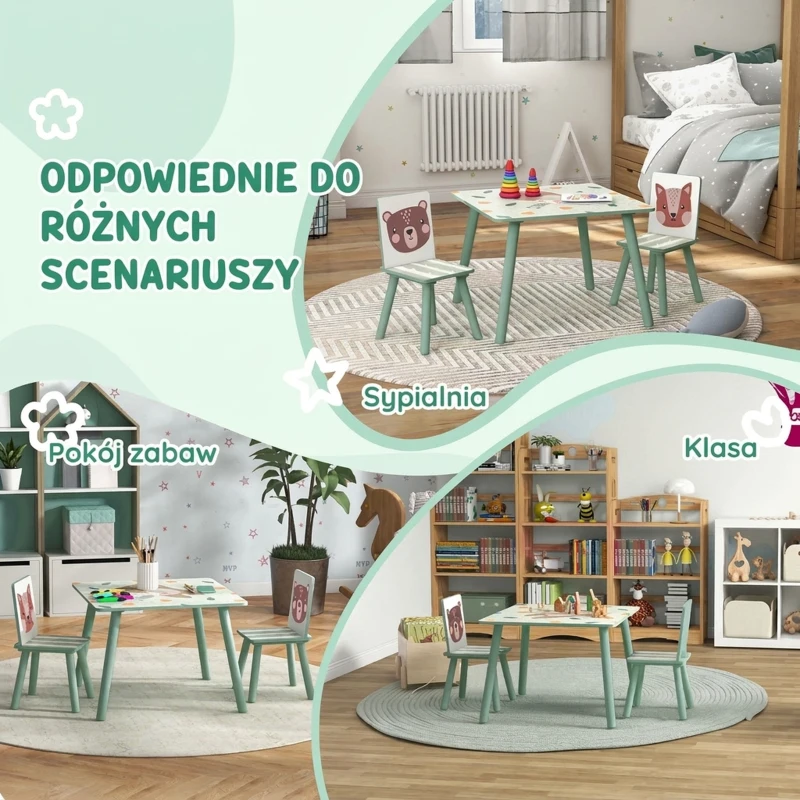 ZONEKIZ Zestaw mebli dla dzieci 3-8 lat, stół i 2 krzesła, zielony