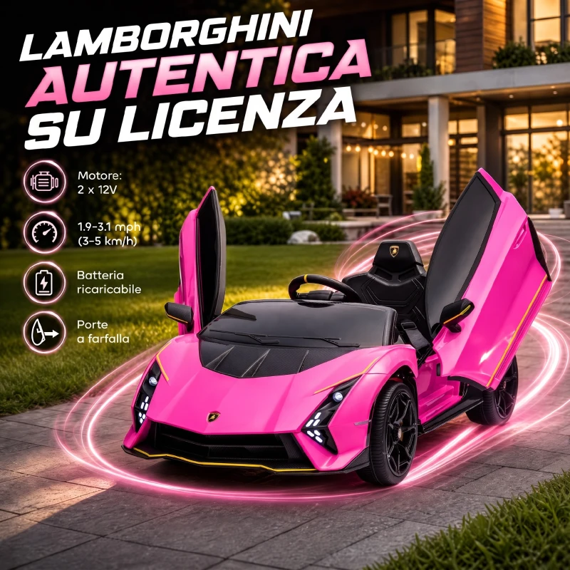 AIYAPLAY Macchina Elettrica Bambini 3-6 Anni 12V Lamborghini Autentica con 2 Motori, Porta a Forbice, Sospensioni, Rosa