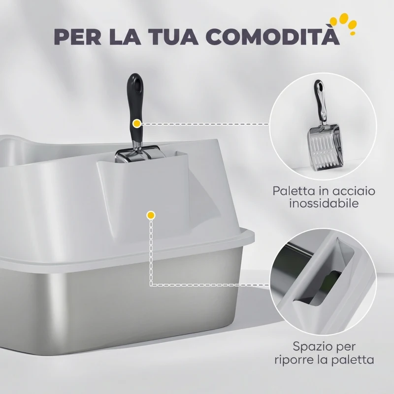 PawHut Lettiera per Gatti XXL in Acciaio Inox con Paletta, Lati Alti, Antiperdita, Antiodore, Fino a 12 kg, Grigio