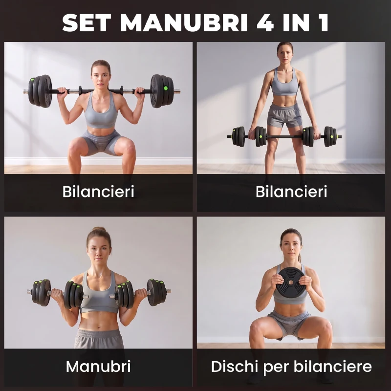 SPORTNOW Set 2 in 1 con 2 Manubri Convertibili in Bilanciere, Peso Totale 25 kg e Dischi Pesi Regolabili, Nero