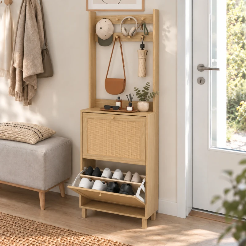 HOMCOM Porte-Manteau 2 en 1, Meuble d'Entrée avec Meuble à Chaussures, Portes Effet Rotin et 8 Crochets, Bois Naturel