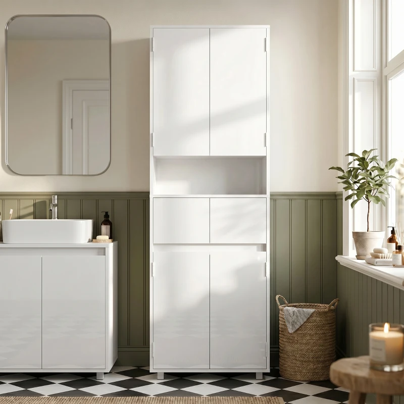 HOMCOM Mobile Bagno Alto Slim 170cm, Mobiletto Bagno Salvaspazio con 2 Armadietti con Ante, 60x30x170 cm, Bianco Lucido
