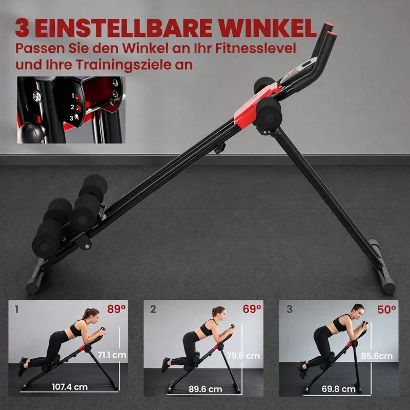 SPORTNOW Bauchtrainer, Klappbarer Bauchmuskeltrainer mit LCD-Anzeige, Doppel-Schienen belastbar bis 120 kg, Stahl, Rot
