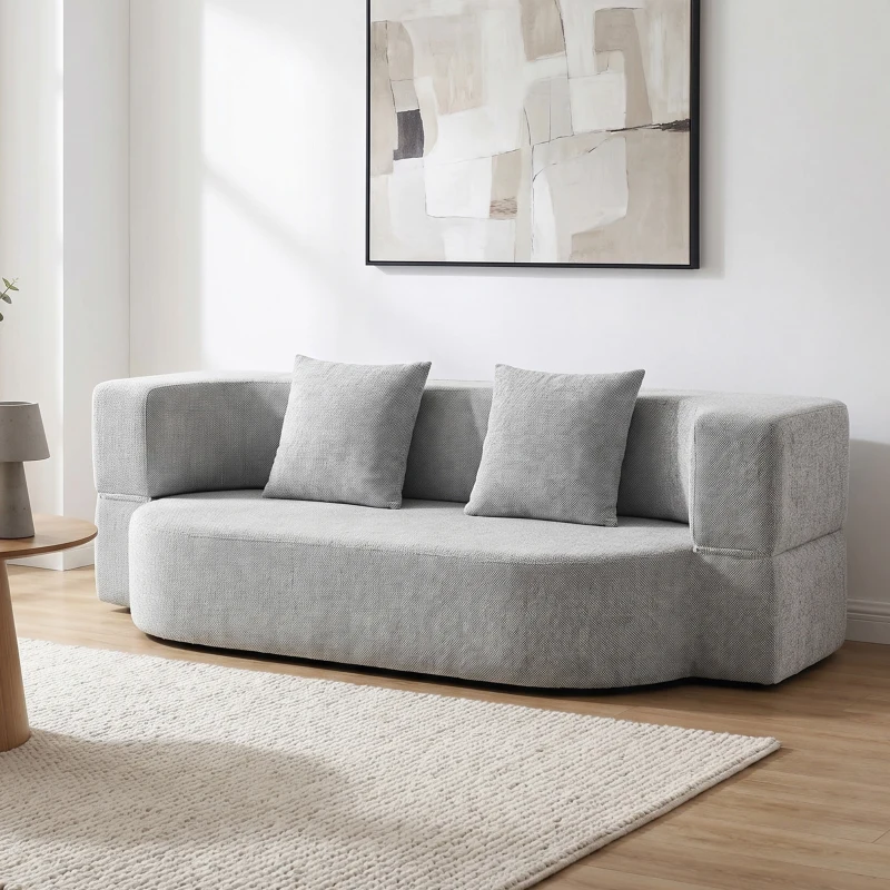 HOMCOM 2 in 1 Divano Letto 2 Posti con 2 Cuscini Sfoderabili, Braccioli, Seduta Imbottita, in Ciniglia, Grigio Chiaro