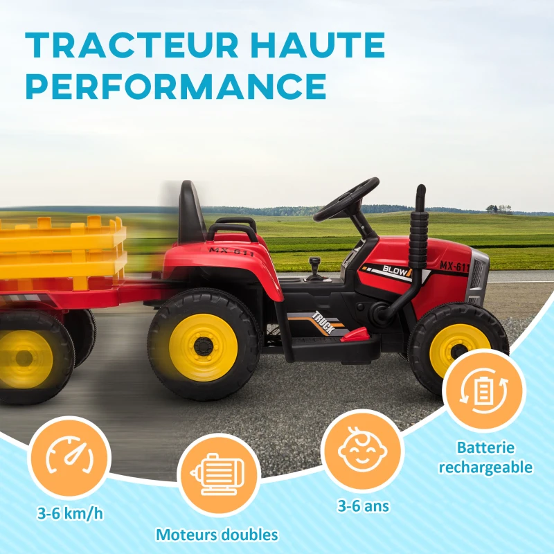 HOMCOM Tracteur électrique avec remorque amovible, pour enfants de 3 à 6 ans avec télécommande MP3 musique affichage lumières