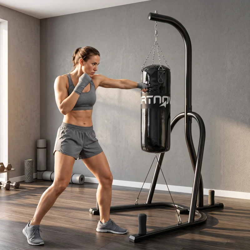 SPORTNOW Boxsackständer Freistehender Boxsackhalter mit Boxsack Bungee-Seil 360° Kette U-basis Hantelscheibenhalterung Stahl