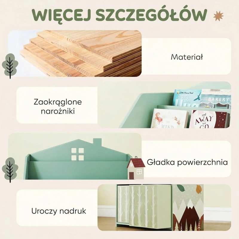 AIYAPLAY Dziecięcy regał na książki z 2 materiałowymi szufladami, dla dzieci w wieku 3-8 lat, 62,5x30x91,5 cm, zielony