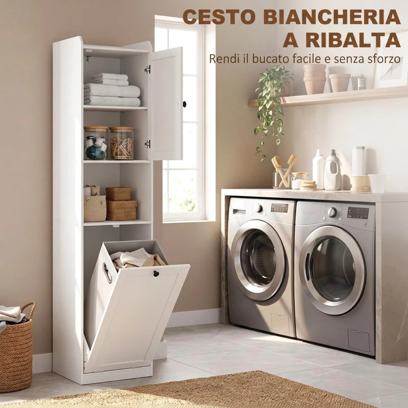 HOMCOM Colonna Bagno Slim con Cesto Portabiancheria Ribaltabile, 40x40x170 cm, Bianco
