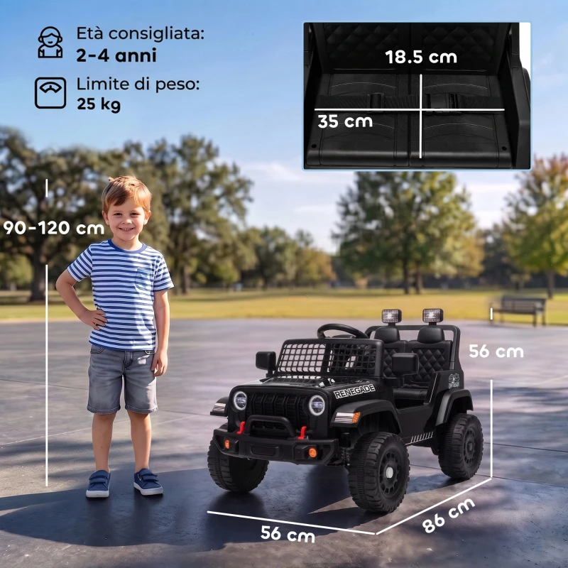 AIYAPLAY Fuoristrada Elettrica per Bambini 12V, Batteria al Litio, 2 Motori, Sospensioni, Telecomando, 2-4 Anni, Nero