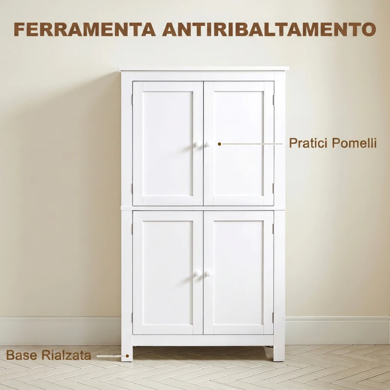 HOMCOM Mobile Bagno con 4 Ante e Ripiani Regolabili, per Lavanderia Salotto Soggiorno Cucina, 60x30x110 cm, Bianco