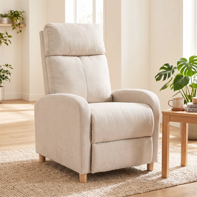 HOMCOM Poltrona Relax Reclinabile Manuale 135° con Poggiapiedi, in Tessuto Effetto Lino, Gambe in Legno, Beige