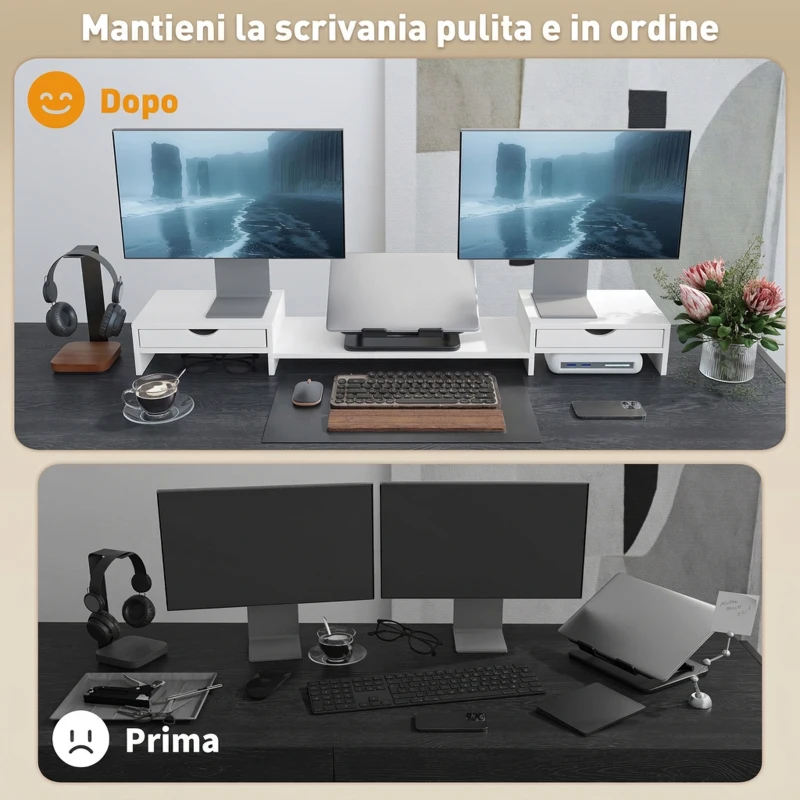 HOMCOM Supporto per Monitor da Scrivania con 2 Cassetti, 3 Spazi Sottostanti, Fino a 14kg, 60-116x22x12 cm, Bianco