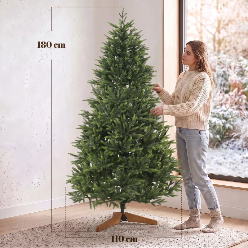 HOMCOM Albero di Natale Artificiale 180cm Folto Realistico, 732 Rami in PE, Base Pieghevole in Legno, Verde