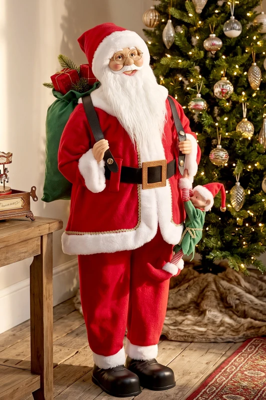 HOMCOM 4ft Singing Dancing Santa Claus, Standing Christmas Animated Santa Figure with Sack, Hanging Elf, Sound/Touch Activated