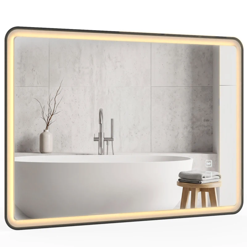 HOMCOM Specchio Bagno con Luce LED 100x70cm, 3 Colori Dimmerabili, Bluetooth, Specchio da Parete Rettangolare, Nero