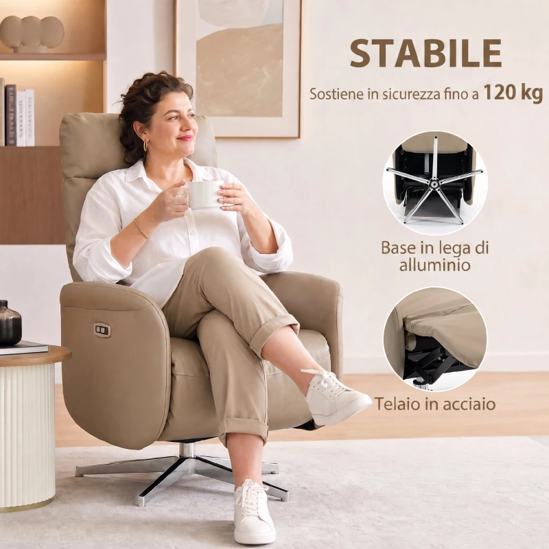 HOMCOM Poltrona Relax Elettrica Reclinabile 160° Girevole con Poggiapiedi, Presa USB e Type-C, in Pelle PU, Marrone