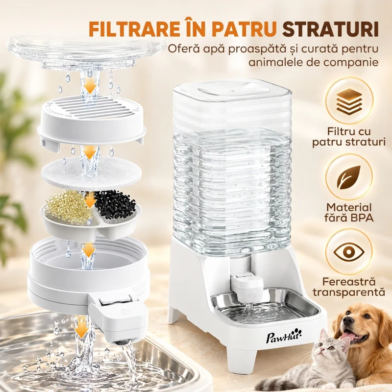 PawHut distribuitor automat de apă cu gravitație 8 L pentru pisici și câini, cu bol din inox, alb