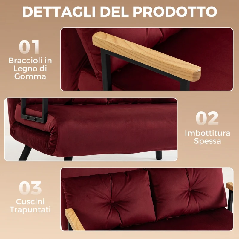 HOMCOM Divano Letto 3 in 1 in Tessuto Effetto Velluto con Schienale Regolabile e 2 Cuscini, 102x73x81 cm, Rosso Vino