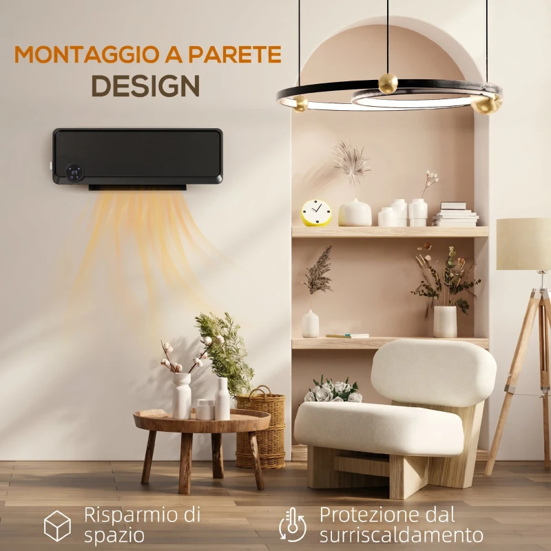 HOMCOM Stufa Elettrica Basso Consumo da Parete a 3 Modalità con Timer 12h e Oscillazione 30°, 56x18.5x11.7 cm, Nero