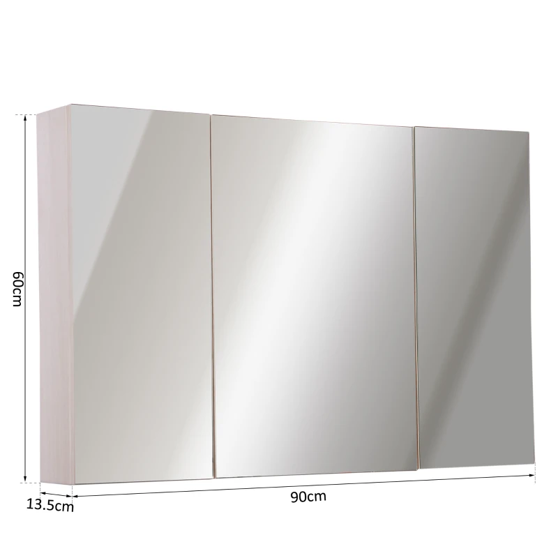 Kleankin Dulapior Mobila de Perete Baie 3 Usi cu Oglinda in Lemn Stejar 90x60x13,5 cm