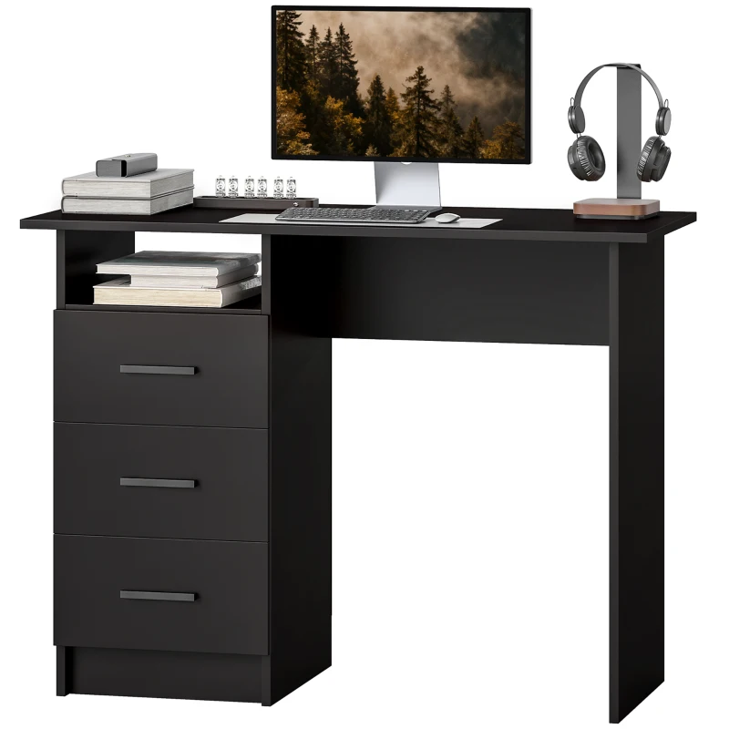 HOMCOM Scrivania Salvaspazio con 3 Cassetti, Ripiano Aperto, Scrivania Ufficio, Moderna, 100x40x75 cm, Nero
