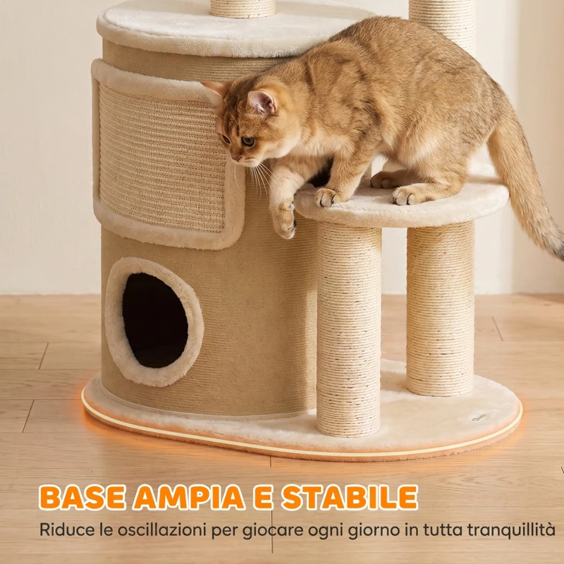 PawHut Tiragraffi per Gatti 90cm Multilivello con 4 Pali Graffiatoi in Sisal, 2 Grotte, Cuccia, Pompon, Tappetino, Beige