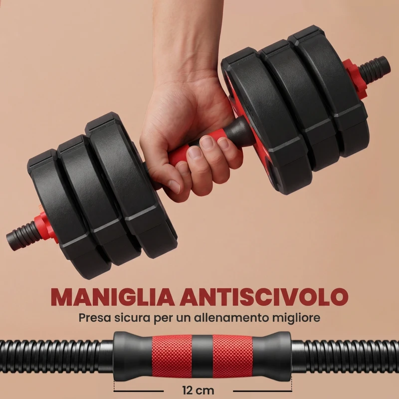 SPORTNOW Set Manubri Regolabili 5 in 1 da 20kg Totali, Set Pesi Palestra Utilizzabile come Kettlebell, Nero e Rosso