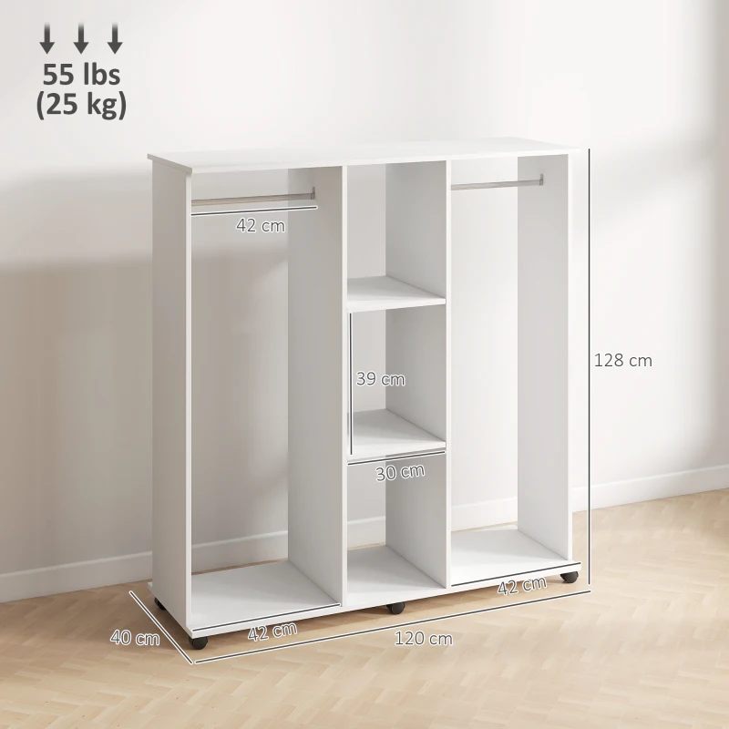 HOMCOM Armoire penderie meuble de rangement mobile 6 roulettes 120 x 40 x 128 cm en bois blanc