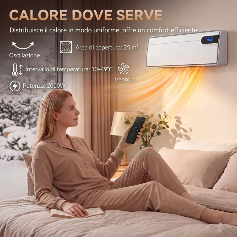 HOMCOM Termoventilatore da Parete 2000W, Stufa Elettrica Ceramica 3 Modalità con Ventilatore, Termostato, Timer, Bianco