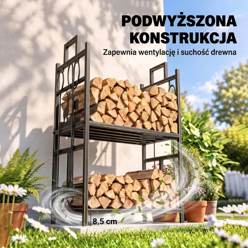 Stojak na drewno kominkowe Outsunny z zestawem narzędzi kominkowych, regał na drewno kominkowe, żelazo, złote, 51,5x33x77 cm