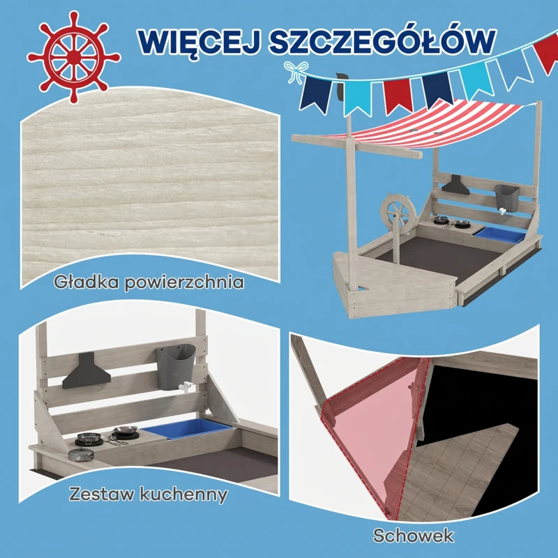Drewniany piaskownica w kształcie statku z pokrywą i zestawem kuchennym