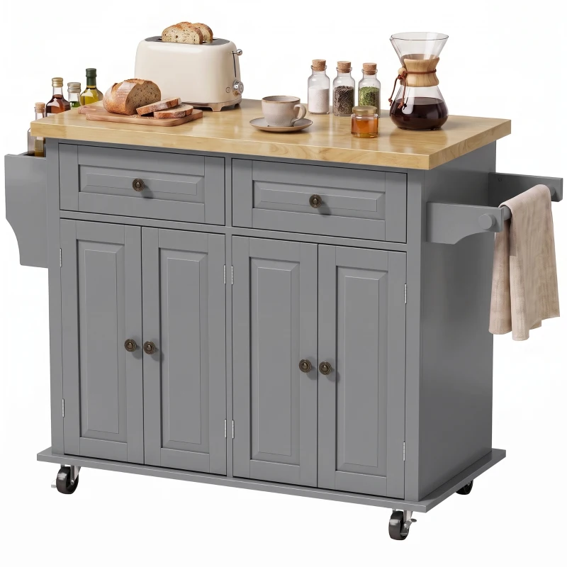 HOMCOM Isla de Cocina con Ruedas Mueble Auxiliar de Cocina con Especiero y Barra Lateral 111x44,5x82,5 cm Gris