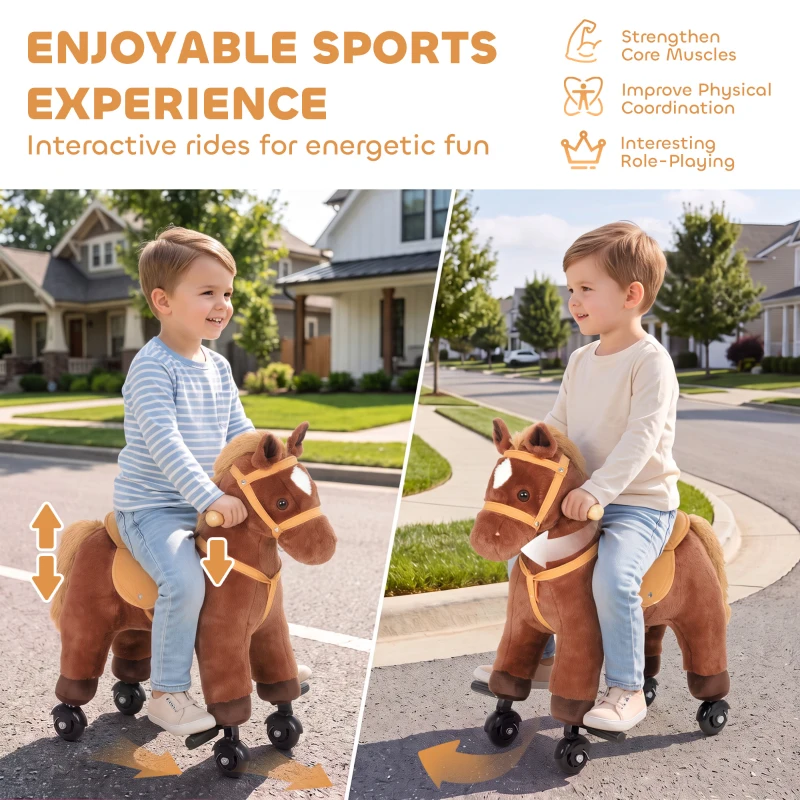 AIYAPLAY Rocking Horse, Plush Ride On Horse with Hoof and Neighing, Rolling Wheels and Pedal for 3-8 Y, Up to 50kg, Dark Brown