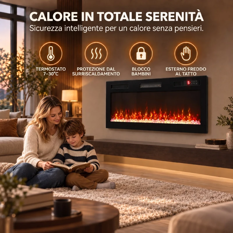 HOMCOM 102 cm Camino Elettrico da Incasso/Parete/Terra Ultrasottile 8.3 cm con Telecomando, 900/1800W, Timer, 35㎡ Nero