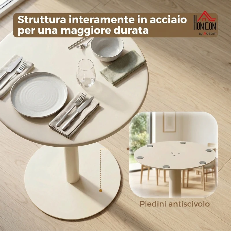 HOMCOM Tavolo da Cucina Rotondo per 2 Persone dal Design Moderno, Tavolo da Pranzo in Acciaio, Ø60x72 cm, Beige