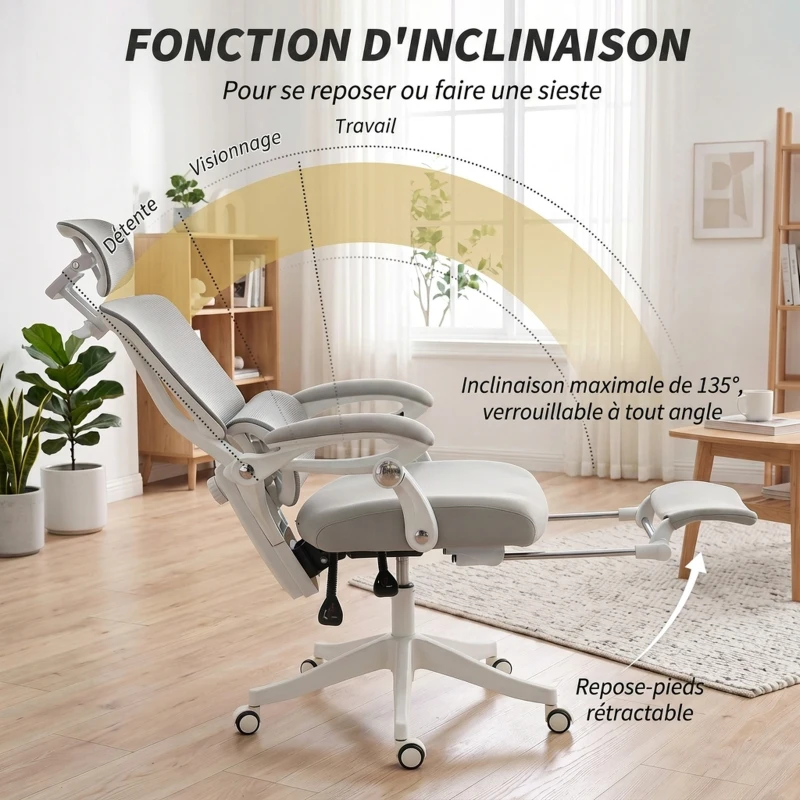 HOMCOM Chaise Bureau Ergonomique avec Appui-Tête Réglable, Fauteuil de Bureau Inclinable en Maille, Dossier Séparé, Gris